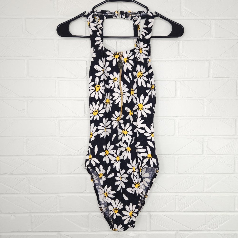 Vintage 90's Athena Daisy Print Zip Up One Piece Swimsuit Textured High Neck
